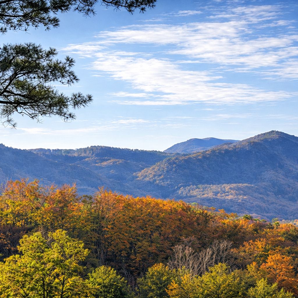 Orange and gold autumn trees below the blue Smoky Mountain ridges, seen from the cabin
