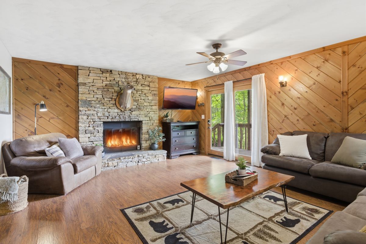 Living room with the stone fireplace lit